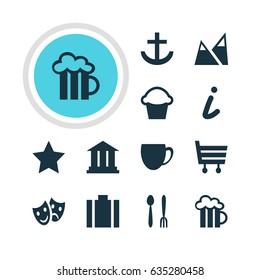 Vector Illustration Of 12 Map Icons. Editable Pack Of Landscape, Cake, University Elements.