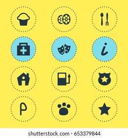 Vector Illustration Of 12 Map Icons. Editable Pack Of Home, Bookmark, Drugstore And Other Elements.