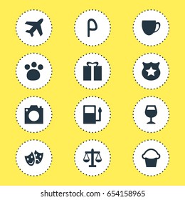 Vector Illustration Of 12 Map Icons. Editable Pack Of Scales, Wineglass, Cake And Other Elements.