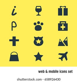Vector Illustration Of 12 Map Icons. Editable Pack Of Handbag, Cross, Bookmark Elements.