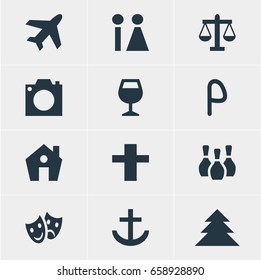 Vector Illustration Of 12 Map Icons. Editable Pack Of Photo Device, Home, Jungle And Other Elements.
