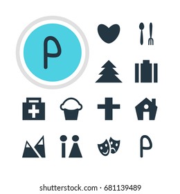 Vector Illustration Of 12 Map Icons. Editable Pack Of Jungle, Home, Drugstore And Other Elements.