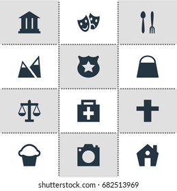 Vector Illustration Of 12 Map Icons. Editable Pack Of Masks, Landscape, Photo Device Elements.