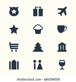 Vector Illustration Of 12 Map Icons. Editable Pack Of Jungle, Shopping Cart, Bookmark And Other Elements.
