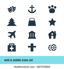 Vector Illustration Of 12 Map Icons. Editable Pack Of Drugstore, Masks, Handbag Elements.