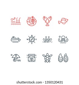 Vector illustration of 12 marine icons line style. Editable set of sea turtle, octopus, ship and other icon elements.