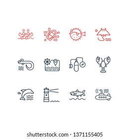 Vector illustration of 12 marine icons line style. Editable set of people rafting, eel, oxygen balloons and other icon elements.
