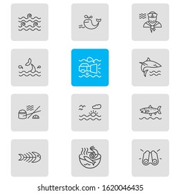 Vector illustration of 12 marine icons line style. Editable set of sailor man, sunset in the sea, shark and other icon elements.