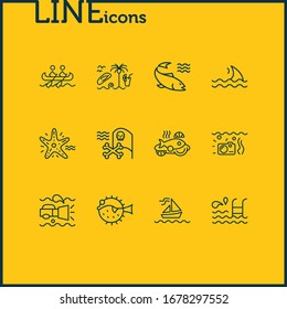 Vector illustration of 12 marine icons line style. Editable set of pirate flag, swimming pool, fin and other icon elements.