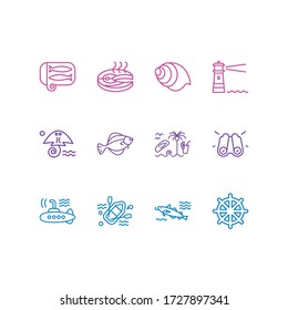 Vector illustration of 12 marine icons line style. Editable set of submarine, fish steak, lighthouse and other icon elements.