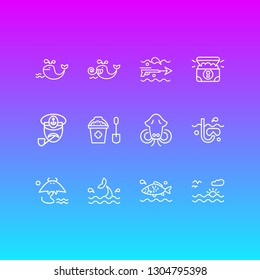 Vector illustration of 12 maritime icons line style. Editable set of cuttlefish, snorkeling, treasure chest and other icon elements.