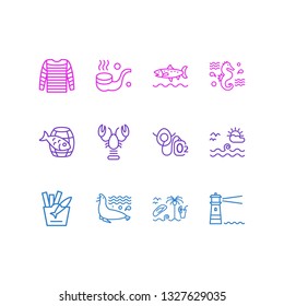 Vector illustration of 12 maritime icons line style. Editable set of lobster, fish with chips, oxygen mask and other icon elements.