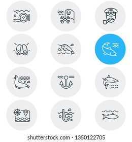 Vector illustration of 12 maritime icons line style. Editable set of narwhal whale, sea lion, anchor and other icon elements.