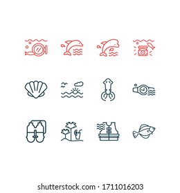 Vector illustration of 12 maritime icons line style. Editable set of twin tank, sunset in the sea, flounder fish and other icon elements.