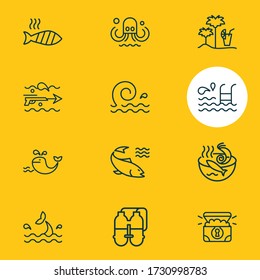 Vector illustration of 12 maritime icons line style. Editable set of octopus, island bar, swimming pool icon elements.