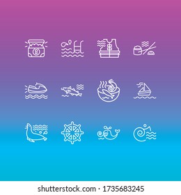 Vector illustration of 12 maritime icons line style. Editable set of cod fish, treasure chest, ship rudder and other icon elements.