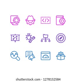 Vector illustration of 12 marketing icons line style. Editable set of SEO report, service packages, custom coding and other icon elements.