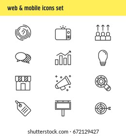 Vector Illustration Of 12 Marketing Icons. Editable Pack Of Television, Discount Label, Lamp And Other Elements.