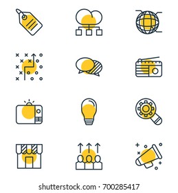 Vector Illustration Of 12 Marketing Icons. Editable Pack Of Discussing, Television, Network And Other Elements.