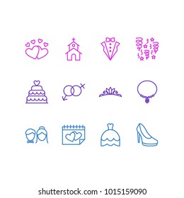 Vector illustration of 12 marriage icons line style. Editable set of heeled shoes, hearts, groom suit and other icon elements.