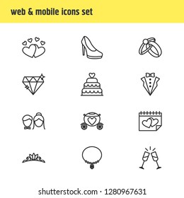 Vector illustration of 12 marriage icons line style. Editable set of hearts, groom suit, just married and other icon elements.