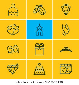 Vector illustration of 12 marriage icons line style. Editable set of crown, diamond, just married and other icon elements.
