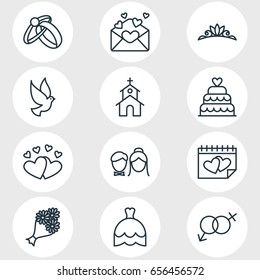 Ilustración Vectorial De 12 Iconos Matrimoniales. Paquete Editable De Pareja, Ramo De Novias, Paloma Y Otros Elementos.