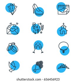Vector Illustration Of 12 Marriage Icons. Editable Pack Of Bridal Bouquet, Calendar, Card And Other Elements.