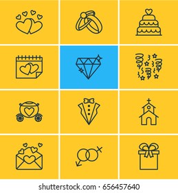 Vector Illustration Of 12 Marriage Icons. Editable Pack Of Love, Bridegroom Dress, Engagement And Other Elements.