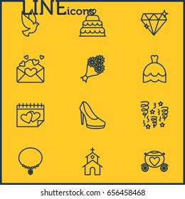 Vector Illustration Of 12 Marriage Icons. Editable Pack Of Sandal, Bridal Bouquet, Pigeon Elements.