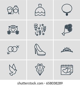 Vector Illustration Of 12 Marriage Icons. Editable Pack Of Bridegroom Dress, Pigeon, Bridal Bouquet And Other Elements.