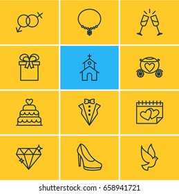 Vector Illustration Of 12 Marriage Icons. Editable Pack Of Chariot, Present, Calendar And Other Elements.