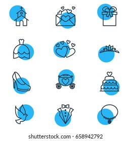 Vector Illustration Of 12 Marriage Icons. Editable Pack Of Wedding Gown, Patisserie, Love And Other Elements.