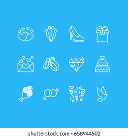 Vector Illustration Of 12 Marriage Icons. Editable Pack Of Patisserie, Love, Present And Other Elements.