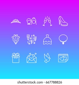 Vector Illustration Of 12 Marriage Icons. Editable Pack Of Sandal, Decoration, Accessories Elements.