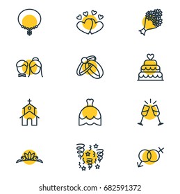 Vector Illustration Of 12 Marriage Icons. Editable Pack Of Building, Patisserie, Engagement And Other Elements.