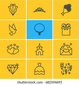 Vector Illustration Of 12 Marriage Icons. Editable Pack Of Present, Bridegroom Dress, Jewelry And Other Elements.