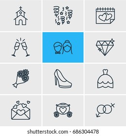 Vector Illustration Of 12 Marriage Icons. Editable Pack Of Brilliant, Card, Couple And Other Elements.