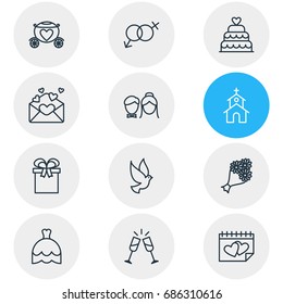 Vector Illustration Of 12 Marriage Icons. Editable Pack Of Building, Couple, Patisserie And Other Elements.