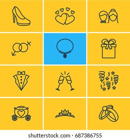 Vector Illustration Of 12 Marriage Icons. Editable Pack Of Chariot, Bridegroom Dress, Jewelry And Other Elements.