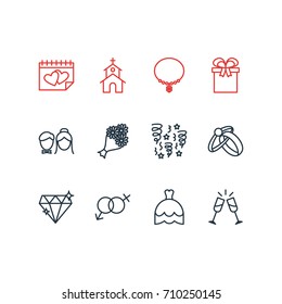 Vector Illustration Of 12 Marriage Icons. Editable Pack Of Calendar, Bridal Bouquet, Wineglass And Other Elements.