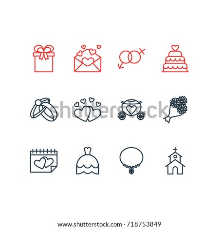 Vector Illustration Of 12 Marriage Icons. Editable Pack Of Building, Bridal Bouquet, Present And Other Elements.