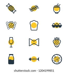 Vector illustration of 12 meal icons line style. Editable set of spaghetti, grape, strawberry and other icon elements.