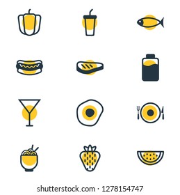 Vector illustration of 12 meal icons line style. Editable set of hot dog, paper cup, watermelon and other icon elements.