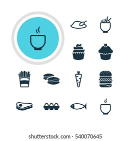 Vector Illustration Of 12 Meal Icons. Editable Pack Of Muffin, Veggie, Sandwich Elements.