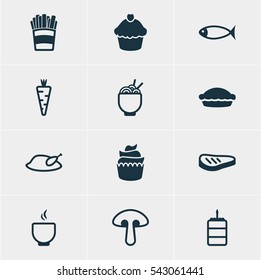 Vector Illustration Of 12 Meal Icons. Editable Pack Of Seafood, Roast Beef, Bowl And Other Elements.