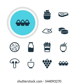 Vector Illustration Of 12 Meal Icons. Editable Pack Of Egg Container, Cruet, Fungus And Other Elements.