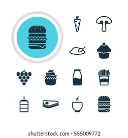 Vector Illustration Of 12 Meal Icons. Editable Pack Of Potato, Grill, Veggie And Other Elements.