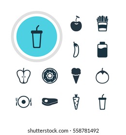 Vector Illustration Of 12 Meal Icons. Editable Pack Of Sundae, Berry Type, Veggie And Other Elements.