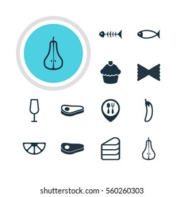 Vector Illustration Of 12 Meal Icons. Editable Pack Of Farfalle, Seafood, Muffin And Other Elements.